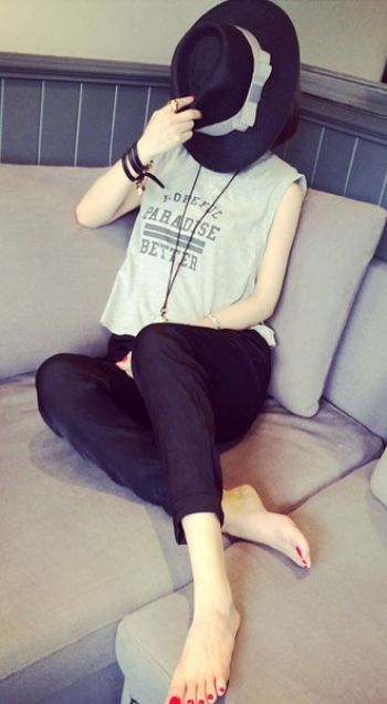 2014韓版字母印花無袖T恤背心 短款上衣